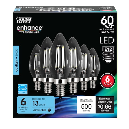 Feit Electric Feit B10 E12 (Candelabra) Filament LED Bulb Daylight 60 Watt Equivalence 6 pk CTC60/950CAFIL6